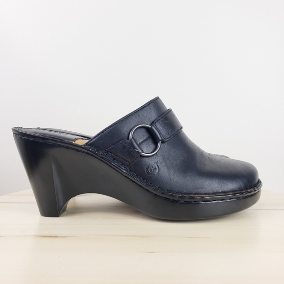 Born Clogs Mules Size 9 Black Leather Wedge Heel Mules Comfort Casual Bohemian - Picture 6 of 13